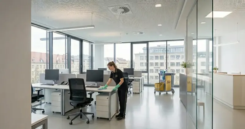 A&G Mitarbeiterin bei der Unterhaltsreinigung in einem hellen Großraumbüro